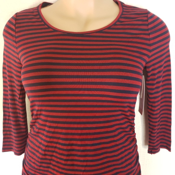 Liz Lange Maternity Dress Burgundy Navy Stretchy Knit Striped Size Medium NWT - Picture 2 of 9